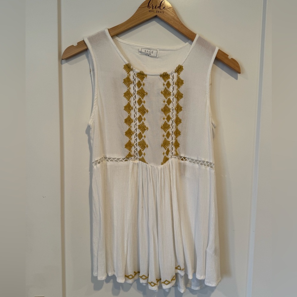Sage bohemian tank top with cutout detail and embroidery